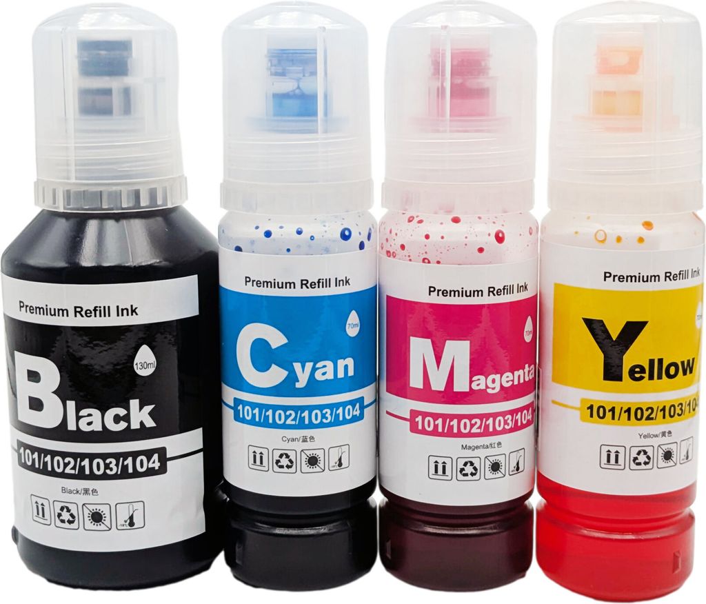 Four bottles of refill ink for printers, labeled Black, Cyan, Magenta, and Yellow.