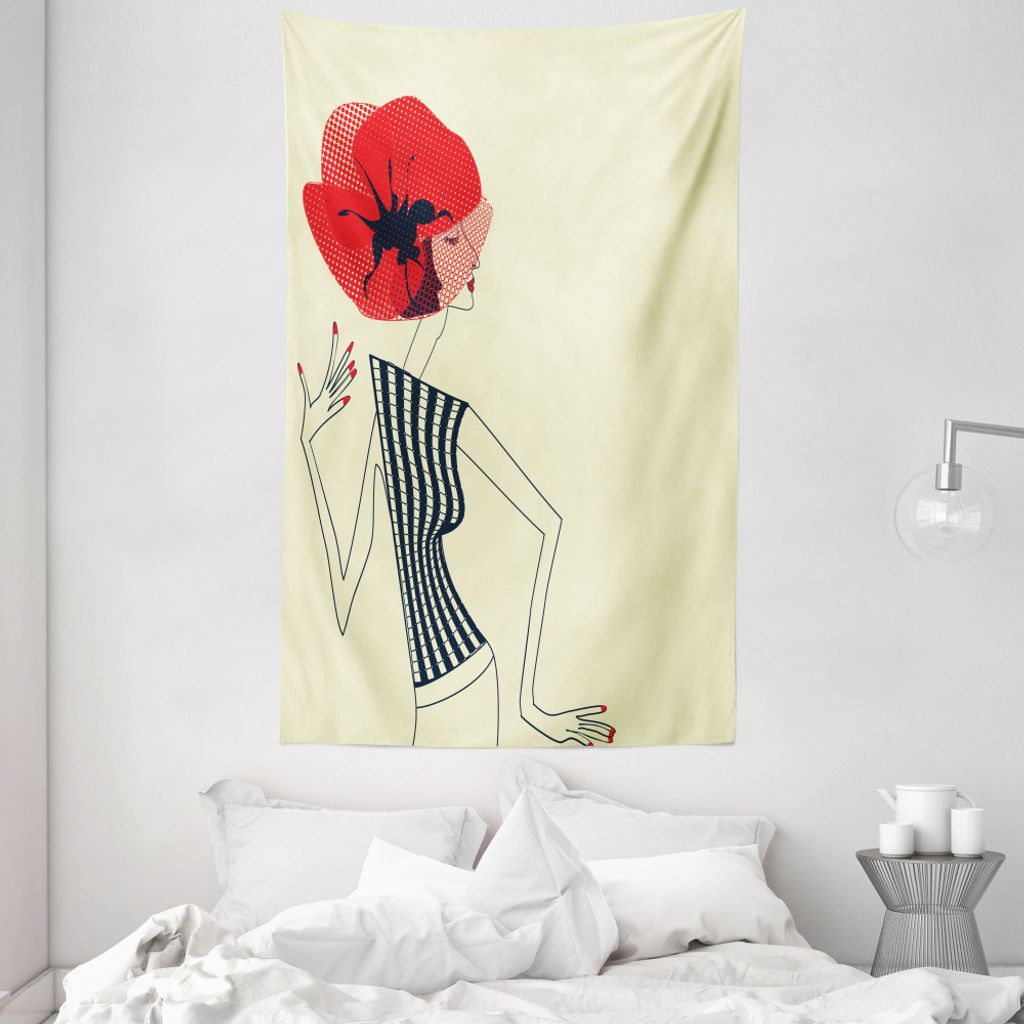 ABAKUHAUS Weinlese-Frau Wandteppich und Tagesdecke, Doodle Mädchen Poppy aus Weiches Mikrofaser Stoff Waschbar ohne Verblassen Digitaldruck, 140 x...