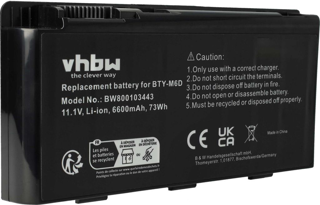vhbw Akku kompatibel mit MSI GT663-415NE, GT663-436NL, GT663-417CS, GT663-626XID, GT663-437BE, GT663R Notebook (6600 mAh, 11,1 V, Li-Ion)