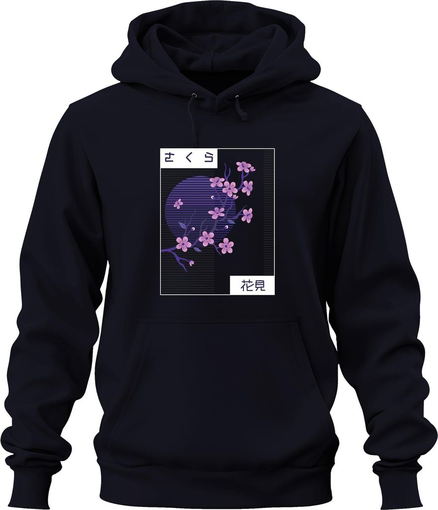Kirschblüten Sakura さくら 花見 Hanami Japan Retro Vaporwave Nacht Uni Hoodie Kapuzenpullover, Navy, XXL