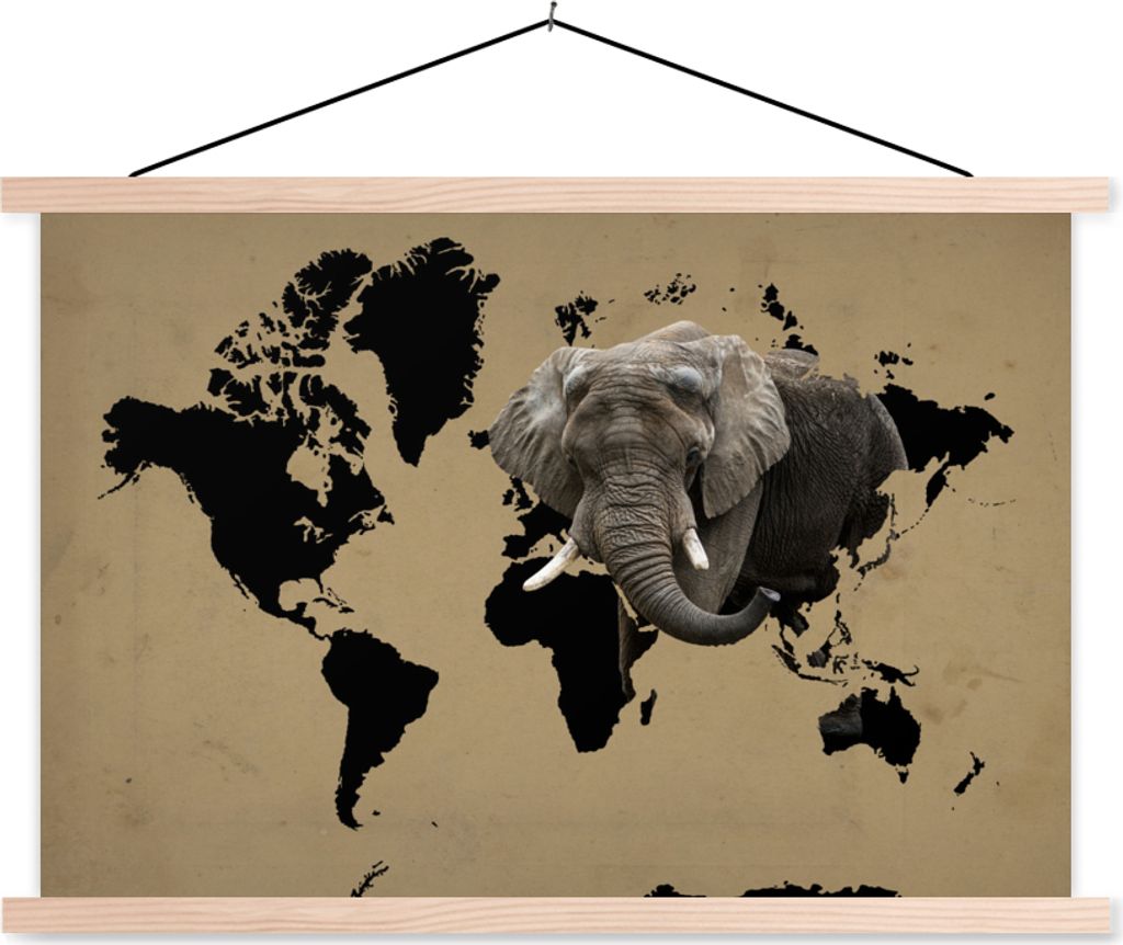 MuchoWow Textilposter Weltkarte - Schwarz - Elefant 60x40 cm mit holzfarbenen Rahmen - Bilder