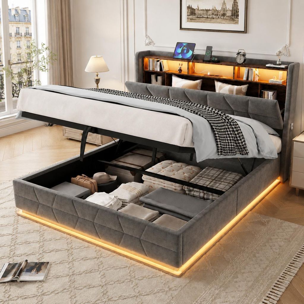 Polsterbett 160x200 Dunkelgrau mit LED Beleuchtung Stauraumbett Doppelbett mit USB Type-C Ladestation Kopfteil Regal Gasdruckfeder Lattenrost Bett ...