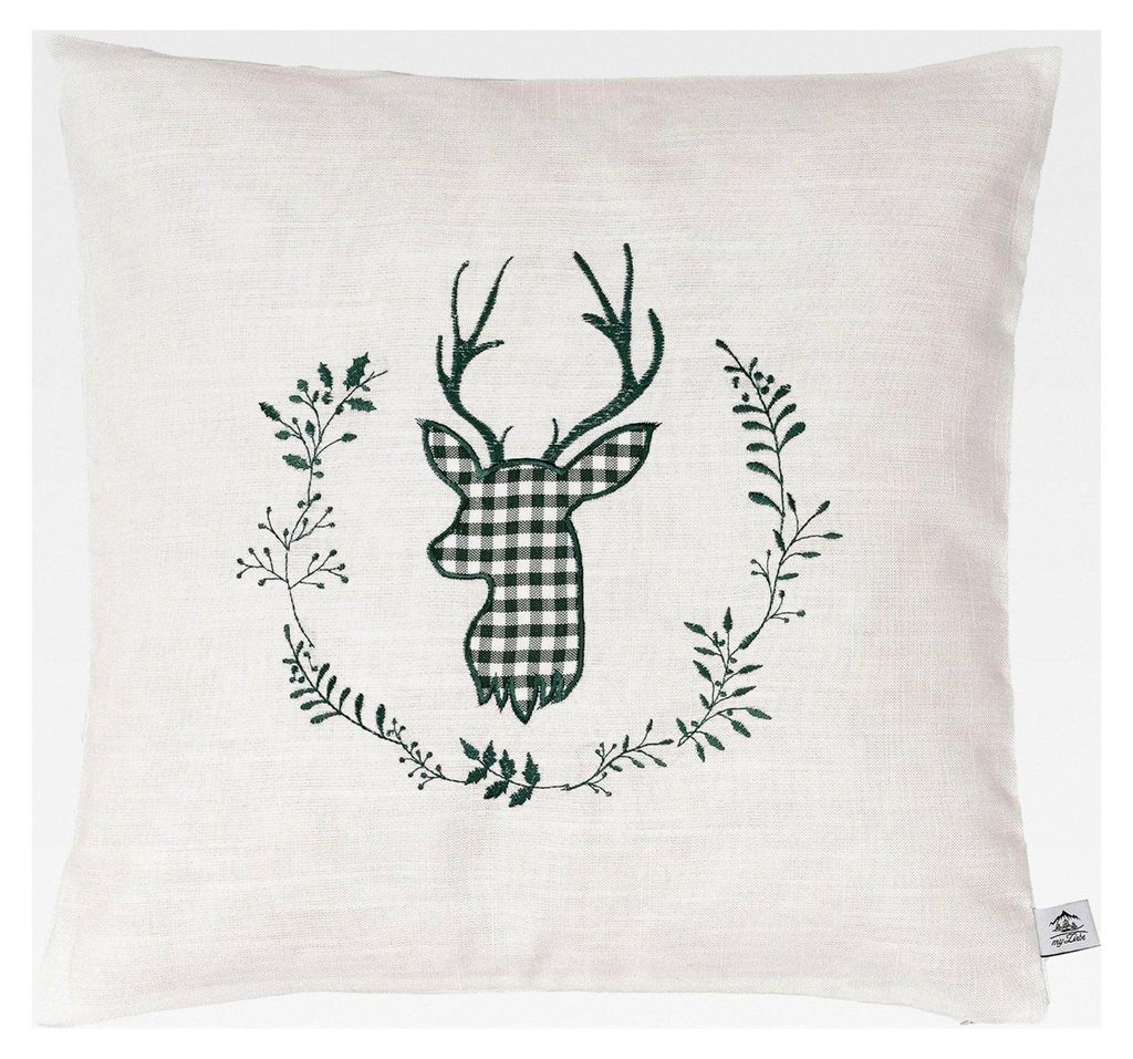 Zirbenkissen beige grün mit Hirschstickerei, Größe 40x40 cm, gefüllt mit Zirbenflocken