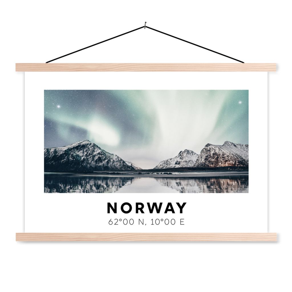 MuchoWow Textilposter Norwegen - Nordlichter - Wasser 120x80 cm mit holzfarbenen Rahmen - Aufhängeset