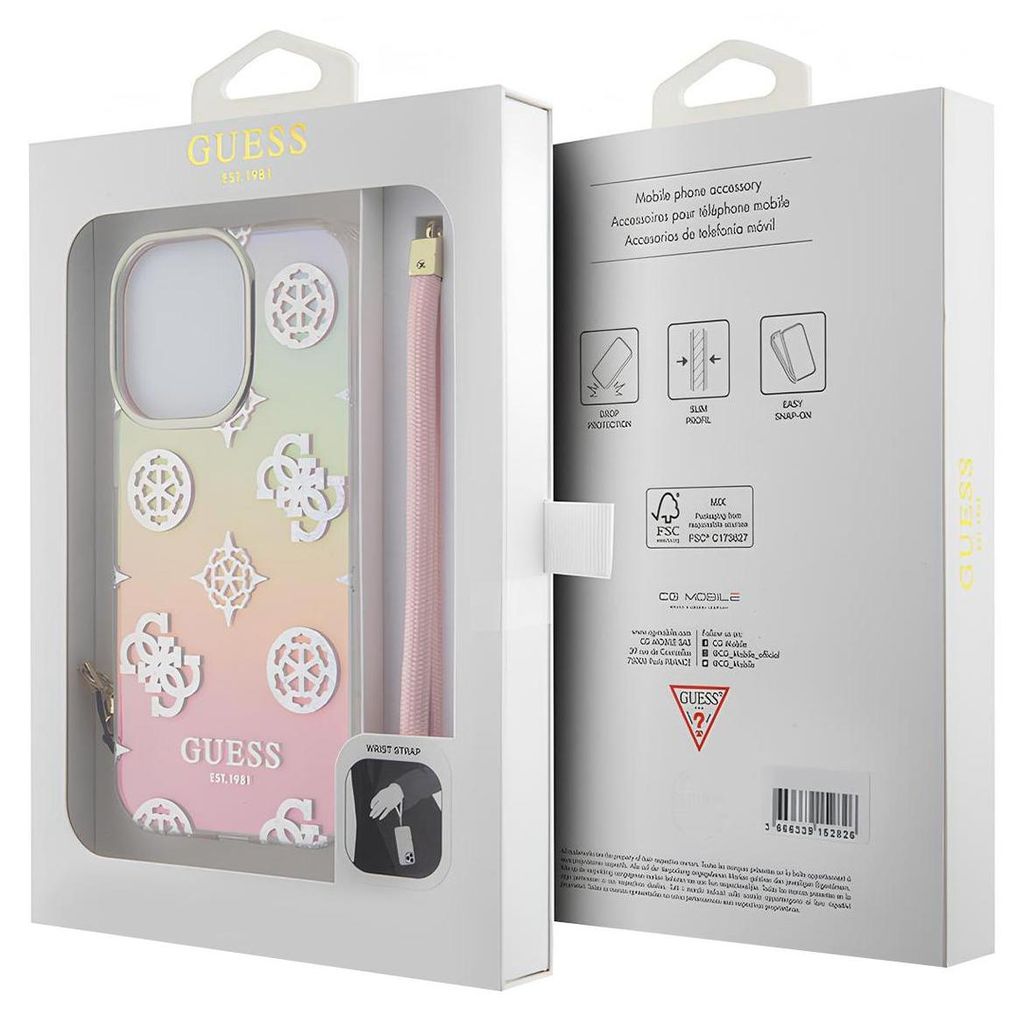 The image shows the retail packaging of a Guess phone case, with the case visible inside the packaging.