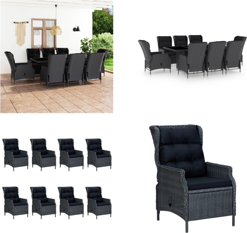vidaXL 9 tlg. Garten Essgruppe mit Auflagen Poly Rattan Dunkelgrau - Gartenmöbel-Set - Gartenmöbel-Sets - Gartentisch Und Stuhl - Gartentische Un...