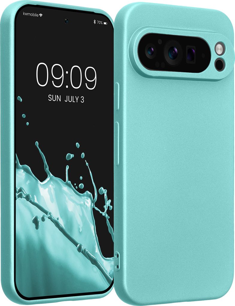 kwmobile Handyhülle kompatibel mit Google Pixel 9 Pro Hülle - weiche Silikon Case metallisch schimmernd in Metallic Mintgrün