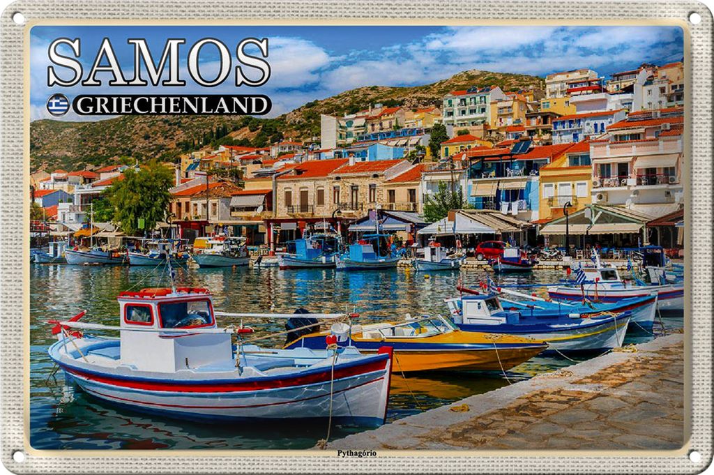 Blechschild Reise 30x20cm Samos Griechenland Pythagório Kleinstadt