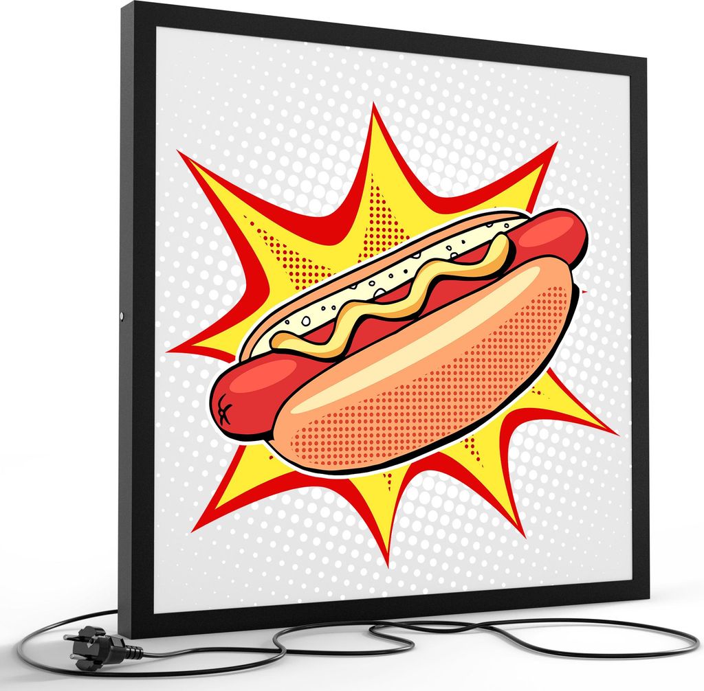 DEQORI LED-Bild & Lampe 60x60 cm Schwarz 'Wurst mit Wumms' Leuchtbild LED Leuchte