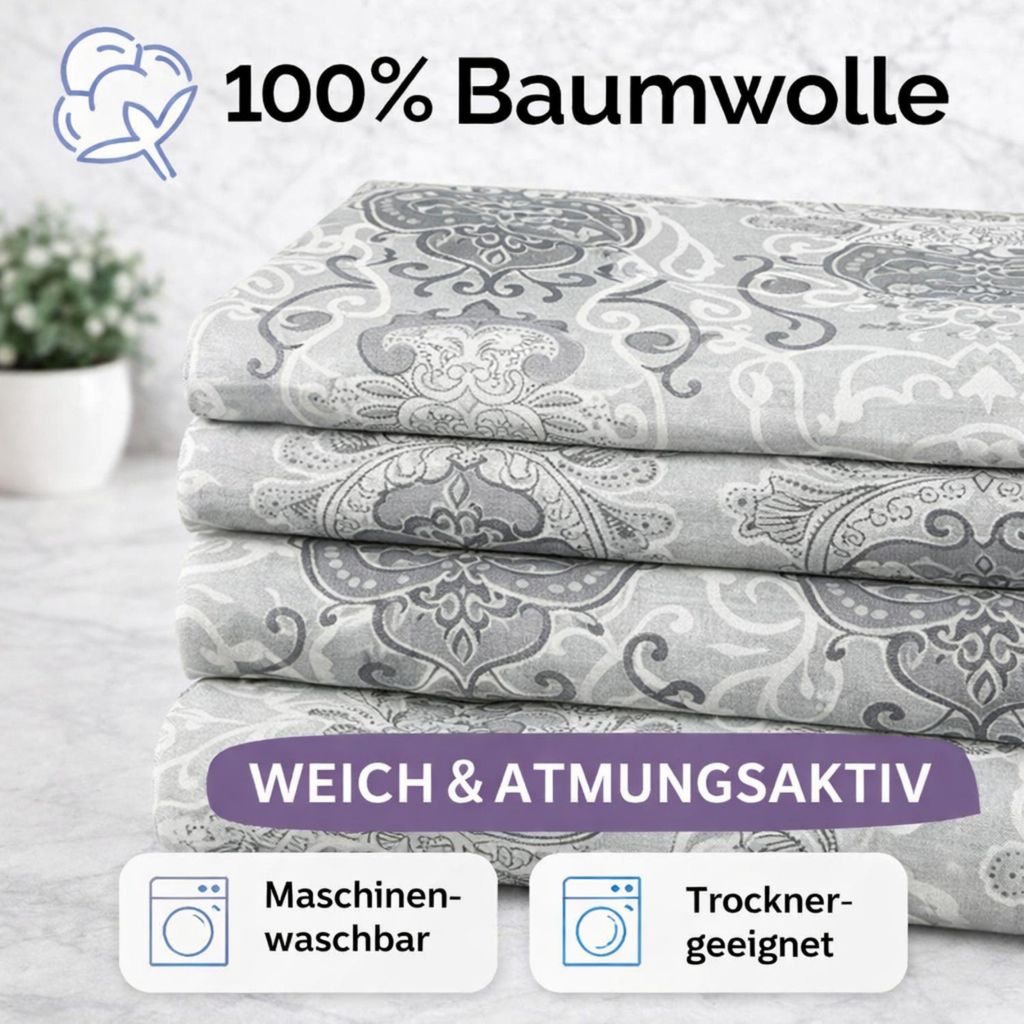 Bettwäsche 240x220 Baumwolle 3-teilig Bettbezug Grau-Weiß Produktbild 