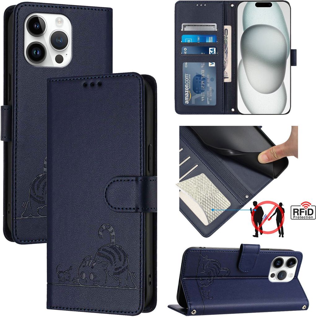 Leder Hülle für iPhone 14 Pro Max Süße Katze Flip Case Brieftasche Schutzhülle mit Standfunktion Blau
