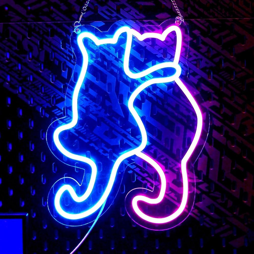 NEON LED Licht, dekorative Wand-Leuchte, Katzen umarmend, blau pink, ca. 35 x 28 x 2 cm