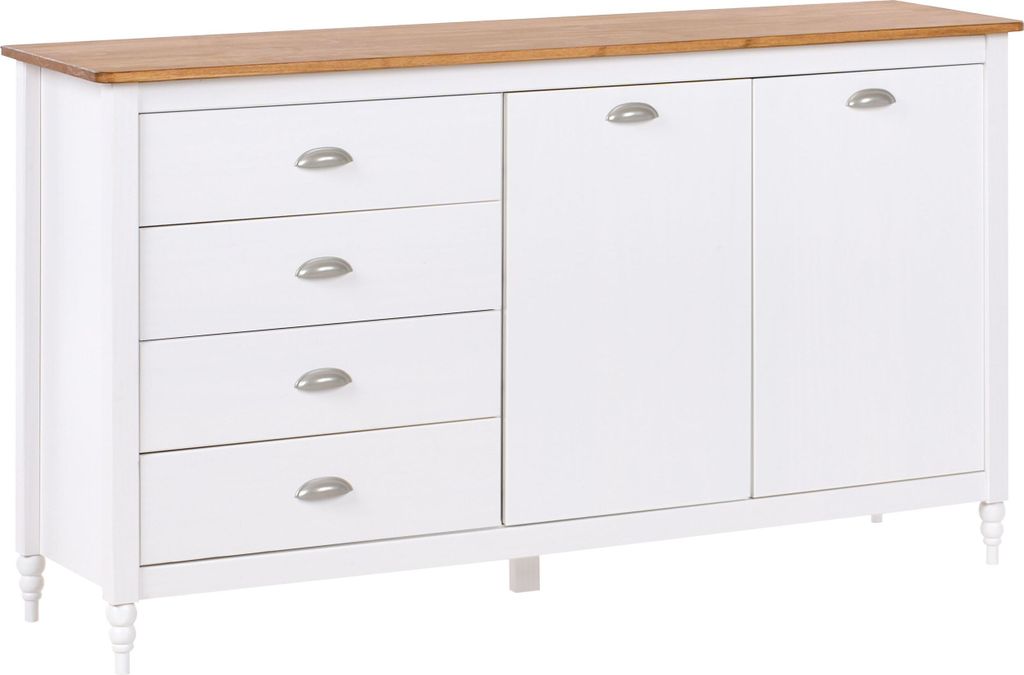 BELIANI Sideboard Weiß u. Hellbraun Kiefernholz mit 4 Schubladen 2 Türen Silberne Metallgriffe 40 x 150 x 83 cm Skandi Wohnzimmer Mehrzweckschrank