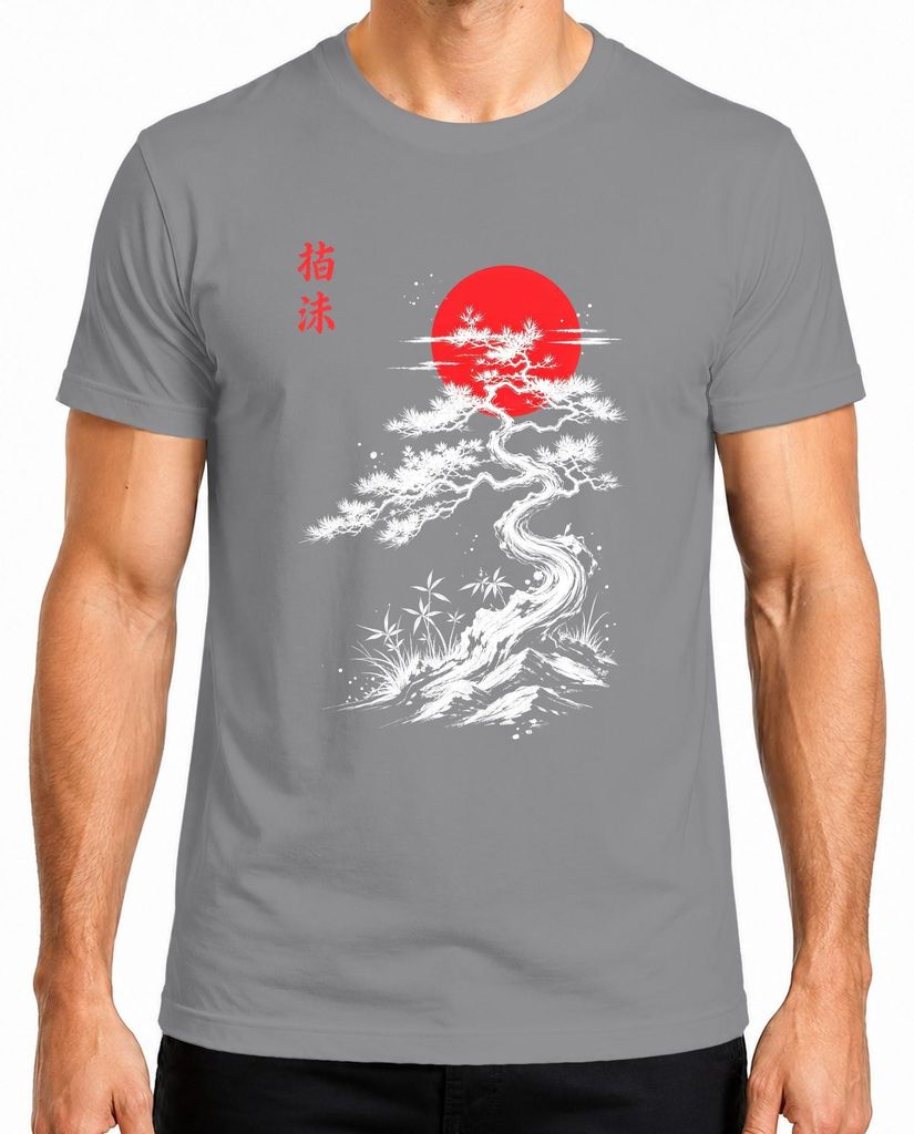 Japan Bonsai Kiefer Rote Sonne Kanji Zen Asien Y2K Nippon Fernost Herren T-Shirt, Grau, 3XL