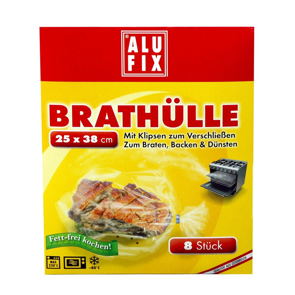 A product package for Alufix Brathülle (roasting bags) with a picture of food inside a bag and an illustration of an oven.