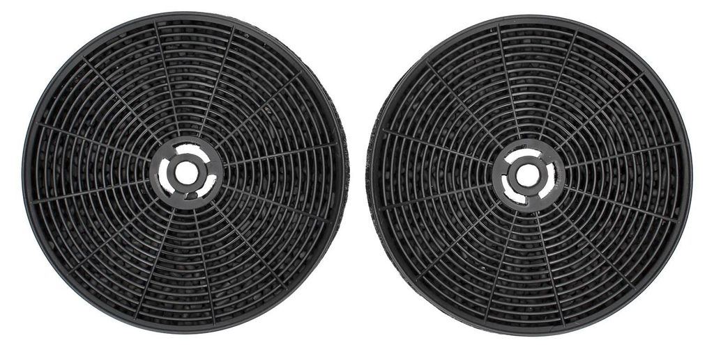 Two round, black charcoal filters are shown side-by-side against a white background.