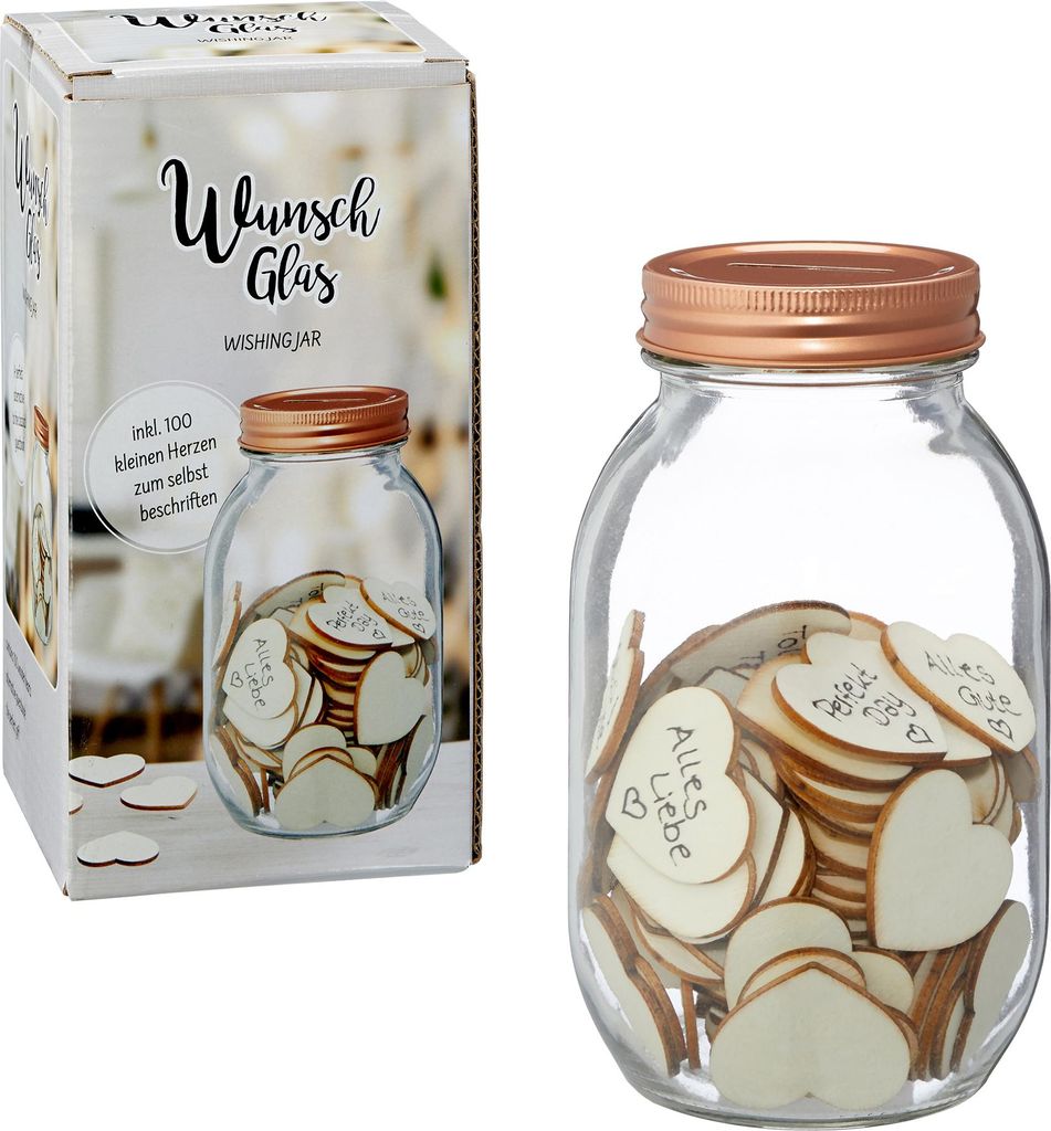 Wunschglas inkl. 100 Holz-Herzchen 17x9cm Hochzeit Gästebuch Geschenk