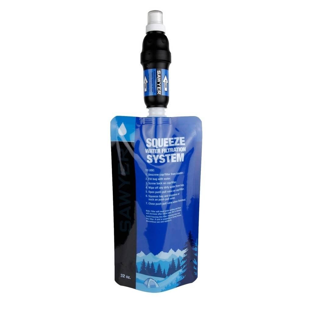 A Sawyer Squeeze water filtration system is shown against a white background.