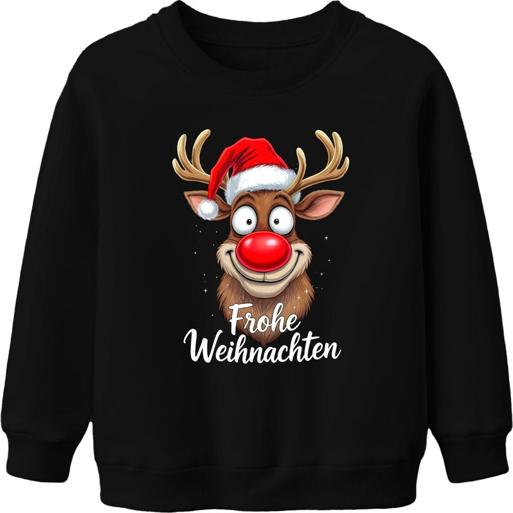 Frohe Weihnachten Lustiges Rentier Rudolf Weihnachtsmütze Cartoon Uni Kinder Sweatshirt Pullover, Schwarz, 116