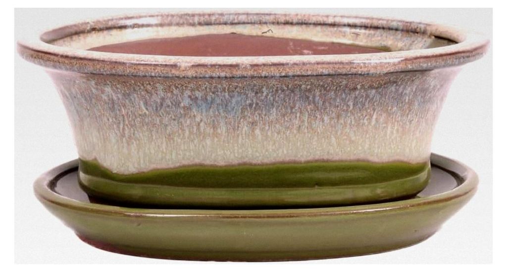 Bonsai-Schale oval 21 x 17 x 8,5 cm, grün/beige, mit Untersetzer