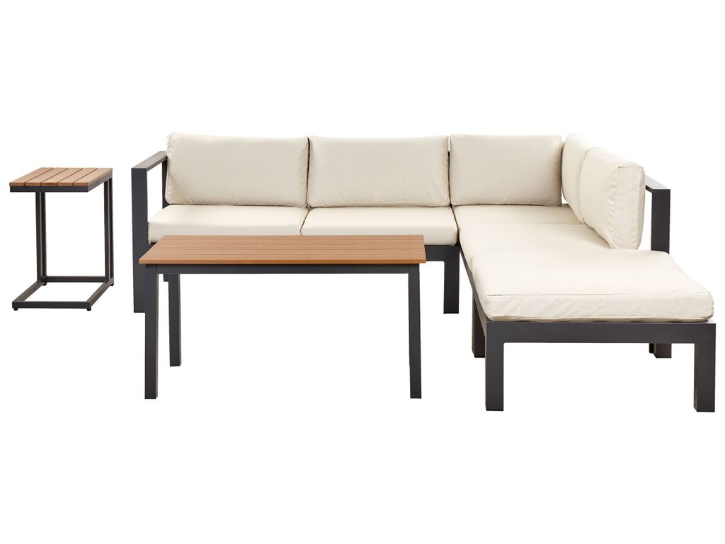 BELIANI Lounge Set Schwarz Aluminium und Kunstholz mit Auflagen Beige Stoff Skandi Modern 5-Sitzer Ecksofa Ottomane und 2 Couchtische Terrasse Garten