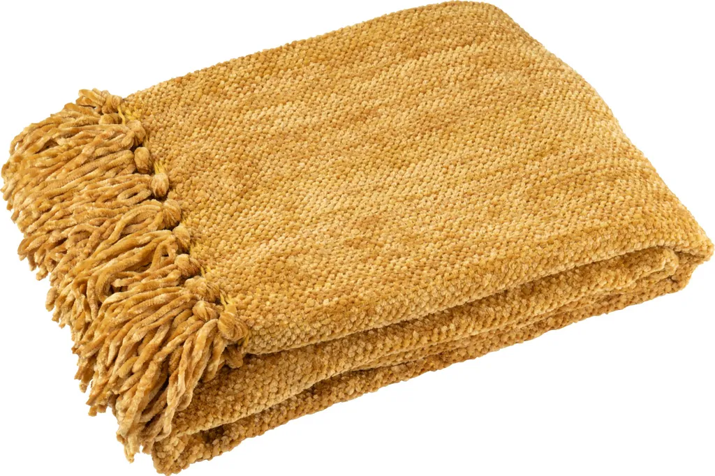 J-Line Couverture Chenille en Polyester Jaune Ocre 130x170cm Douce