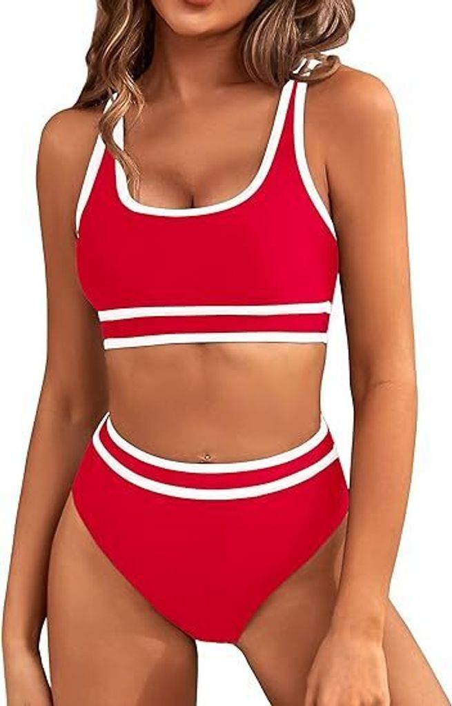 Frauen High Waist Bikini-Sets Sportliche Zweiteilige Badeanzüge Farbblock Freche Hochgeschnittene Bademode