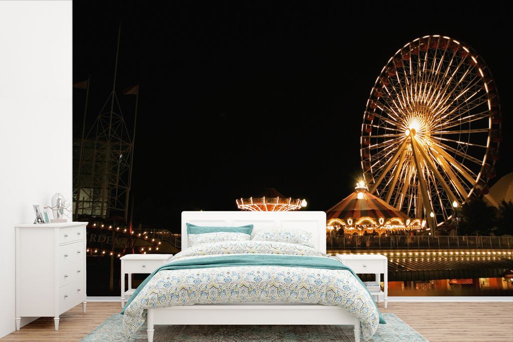 MuchoWow Fototapete für Wohnzimmer oder Schlafzimmer Wandtapete Vinyl Motivtapete Beleuchtetes Riesenrad in der Nacht - 525x350 cm - Das Hinterg...