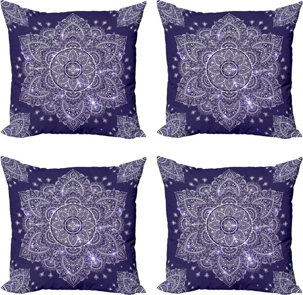 ABAKUHAUS Ethnisch Kissenbezug Set (4 Stück), Floral Round Retro Ornament, Moderner Doppelseitiger Digitaldruck, 45 cm x 45 cm, Lavender Blue Indigo