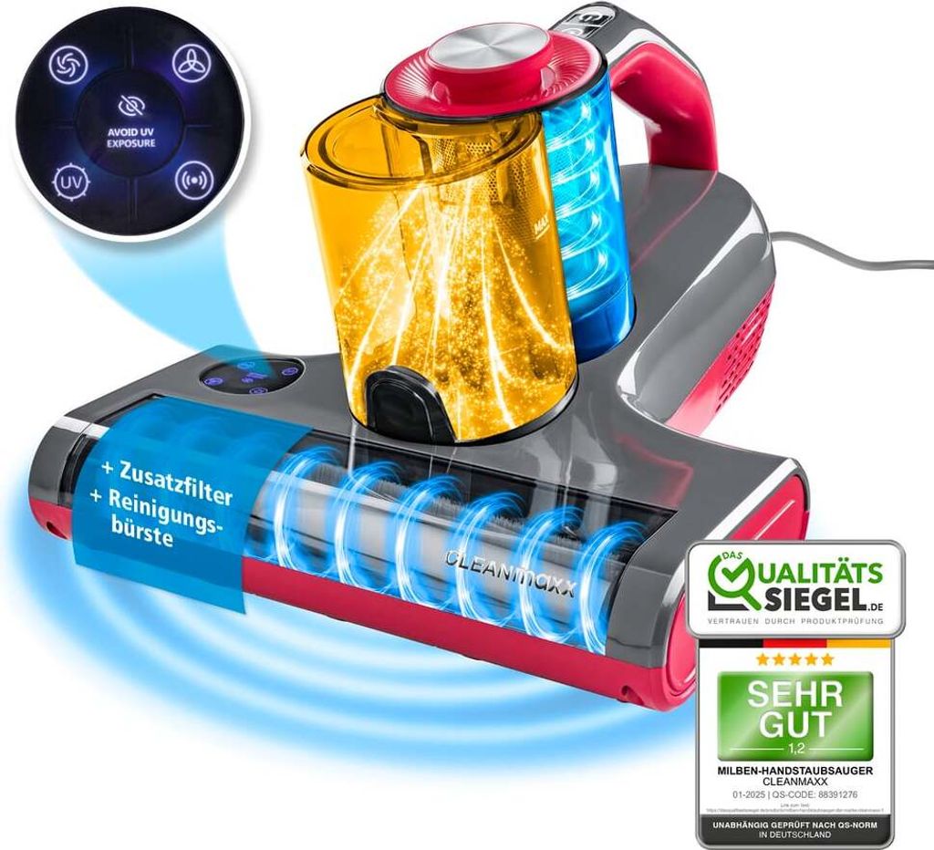 A 3D render of a handheld vacuum cleaner with internal components visible, highlighting its features.
