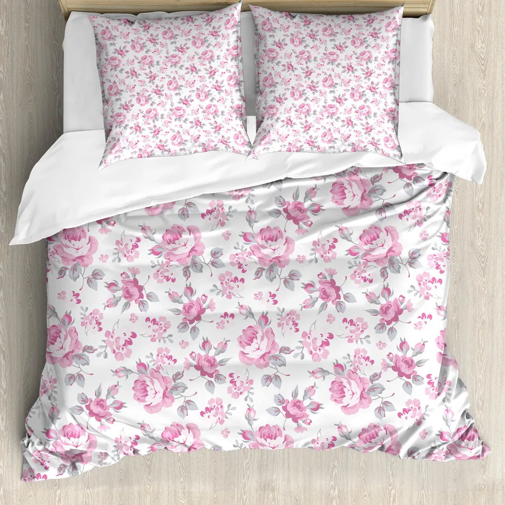 ABAKUHAUS Copripiumino Shabby Flora, Rosa Rosen Frühling, antiacaro, adatto a chi soffre di allergie, con federe, 200 cm x 200 cm - 80 x 80 cm, rosa pallido, bianco, grigio