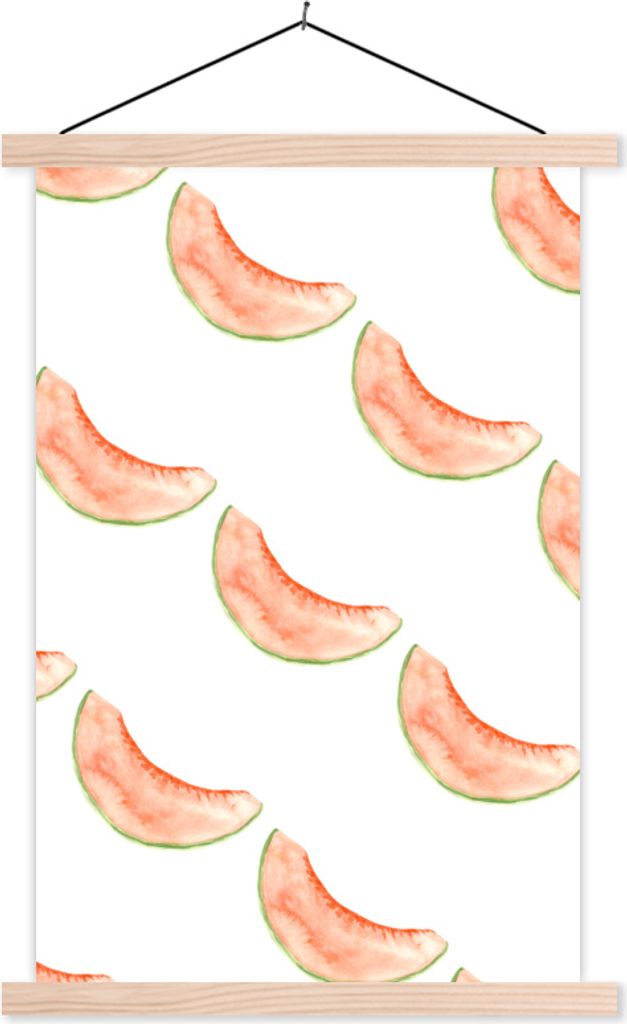 MuchoWow Textilposter Melone - Aquarell - Schablonen 120x180 cm mit holzfarbenen Rahmen - Textil-Plakat