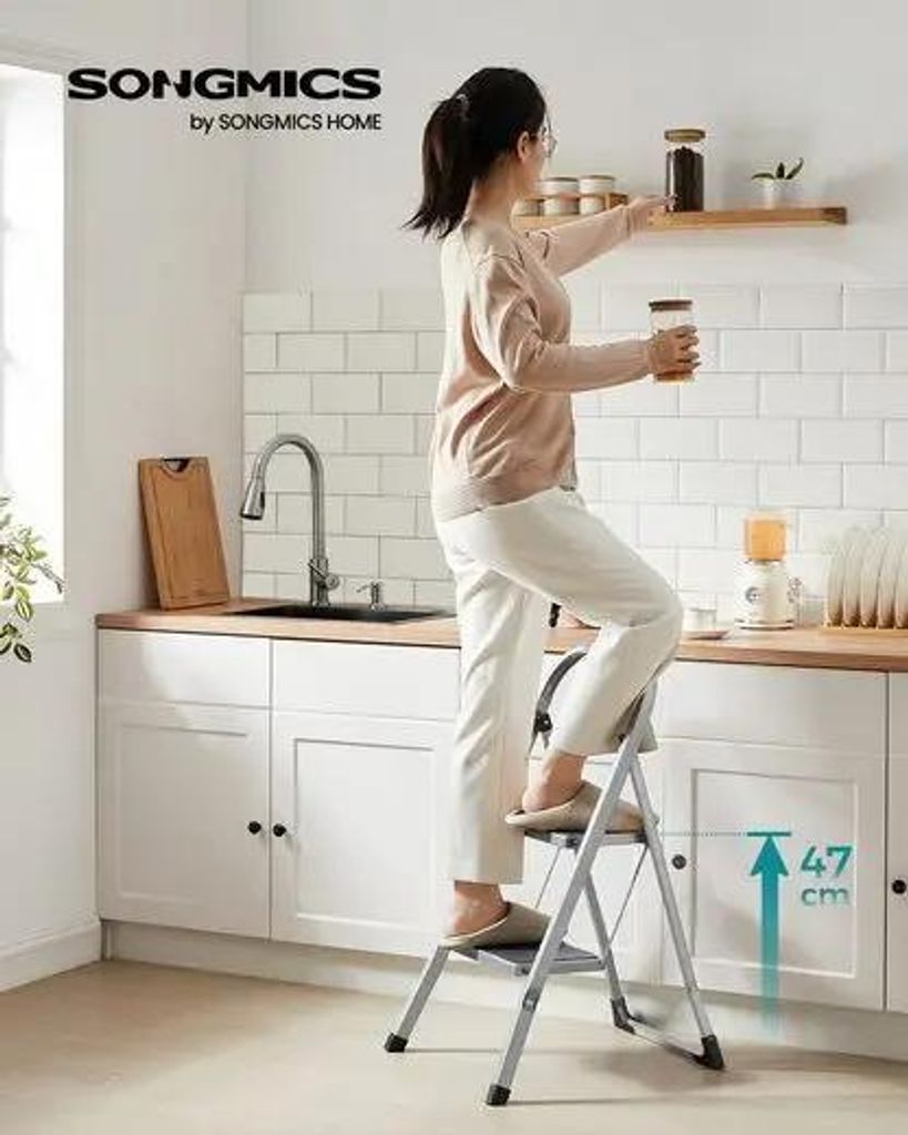 Klapptritt/Trittleiter - Zweistufig, Klappbar - Tragkraft 150 kg - Freistehend - Hellgrau