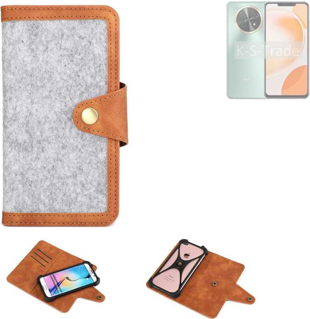 K-S-Trade Handyhülle kompatibel mit Huawei Enjoy 60X Schutzhülle Filz-Hülle Kunst-Leder hellgrau braun (1x)