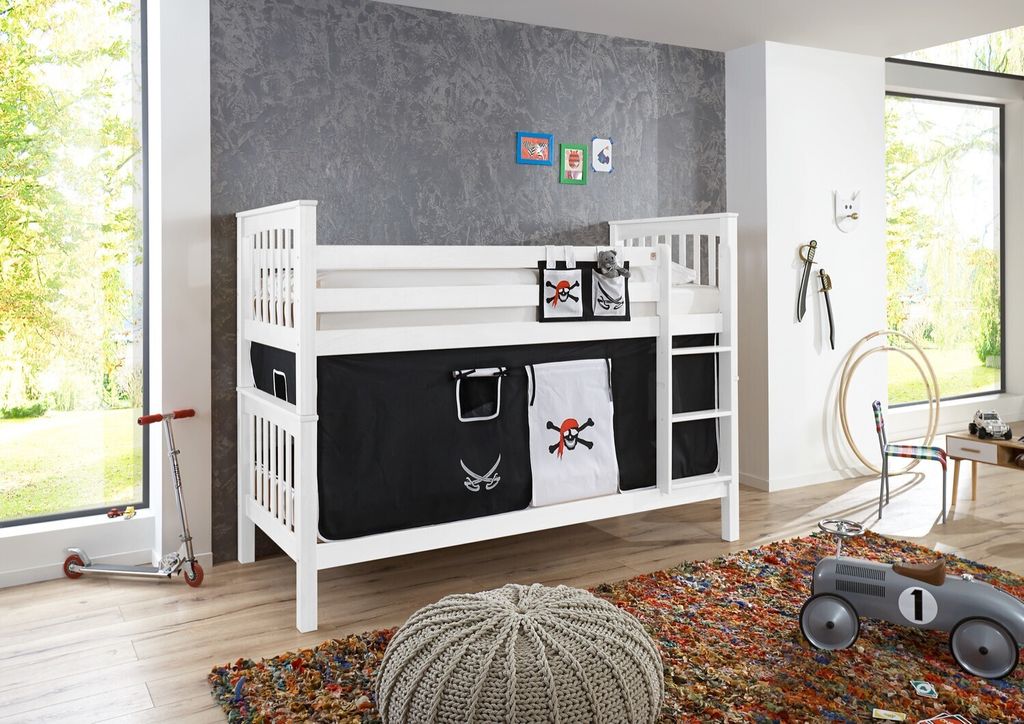 Etagenbett mit hohem Kopf- und Fußteil Kick Buche Weiß lackiert 90x200 cm