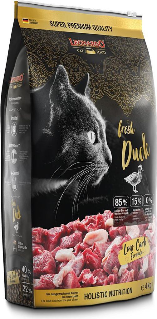A bag of Leonardo cat food with a picture of a cat and raw meat.