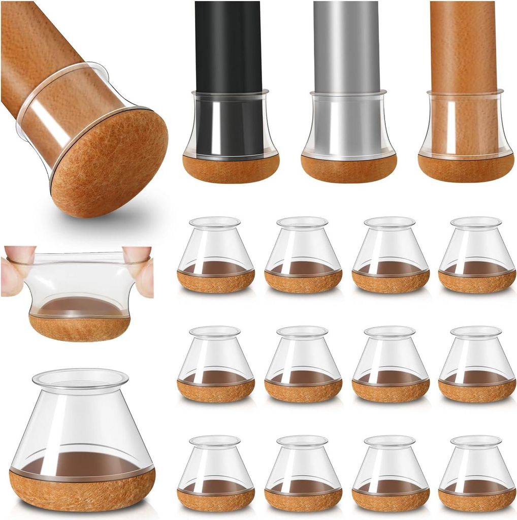 Stuhlbeinschoner, 20 Stück, transparente Silikon-Bodenschoner mit Filzbezug, Stuhlbeinkappen, geräuschlos, Durchmesser 20–30 mm