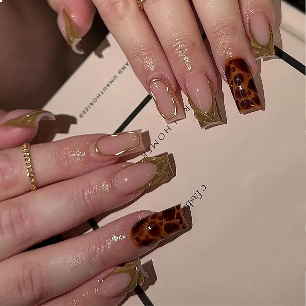 24 pezzi Leopard French Tip Press on Nails Set - 1