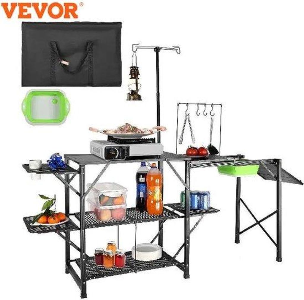 Klapbare Campingtafel mit Spülbecken - inkl. Tragetasche - 174x50x160cm - schwarz