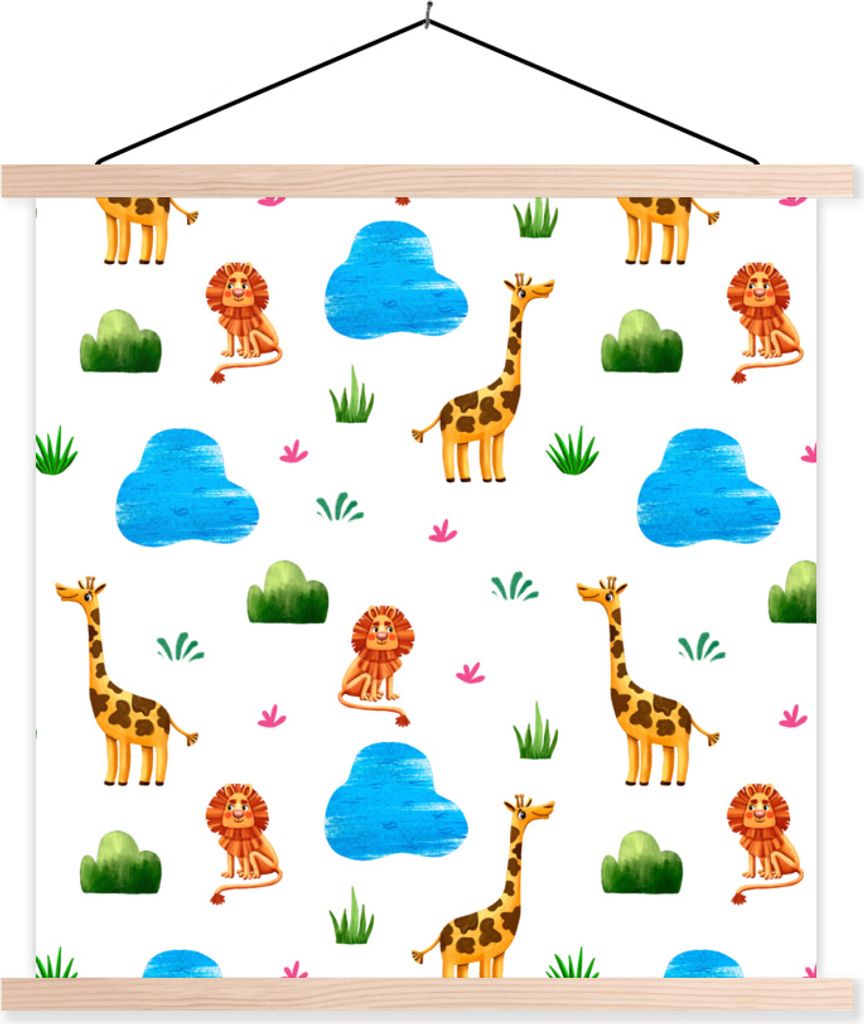 MuchoWow Textilposter Giraffe - Löwe - Dschungel - Design 40x40 cm mit holzfarbenen Rahmen - Posterleiste