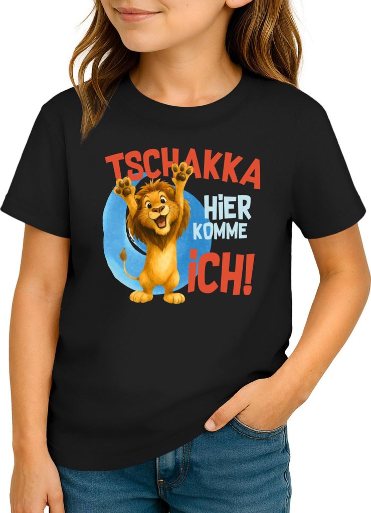 Kinder T-Shirt Mädchen Aufdruck Löwe Spruch lustig Tschakka hier komme ich Geschenk für Mädchen Moonworks