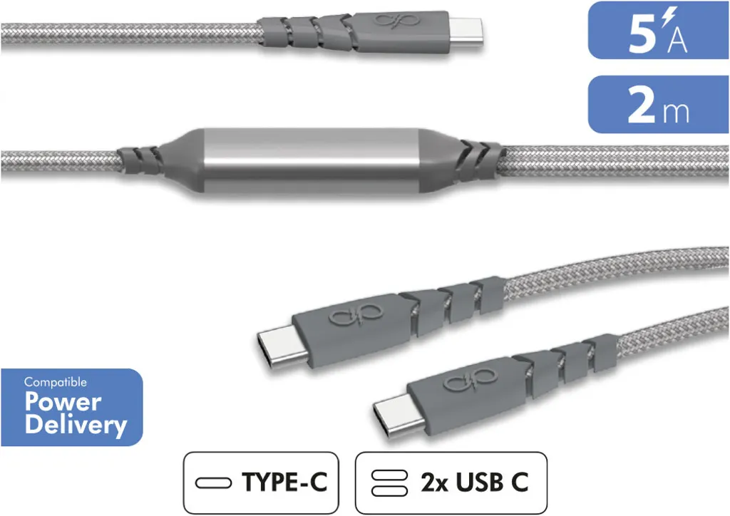 Câble CBL Duo UltraRenforce USB-C vers USB-C 2m 5A PD 100W Gris