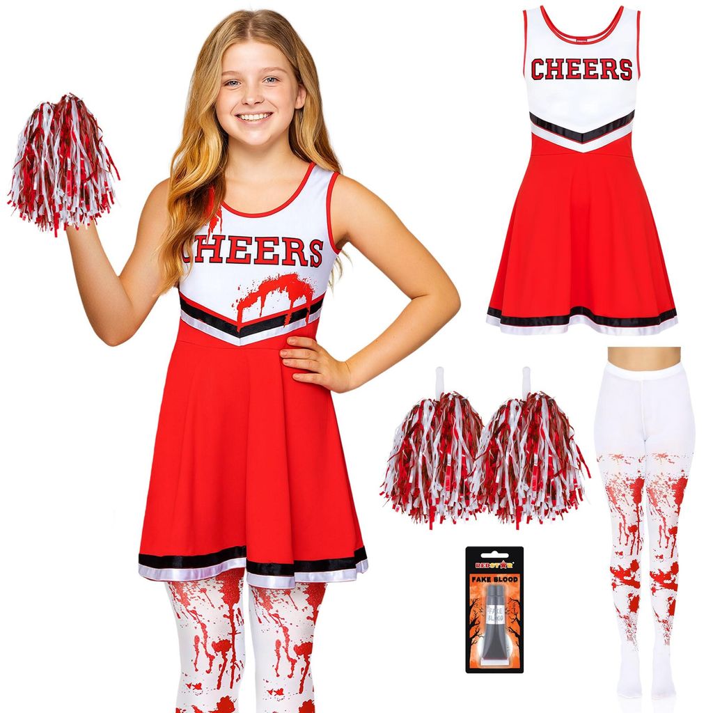 Zombie-Cheerleader-Kostüm für Mädchen, Blutspritzer, Strumpfhose, Untoten-Outfit für Kinder, Schule, Party, mit Kunstblut in der Tube