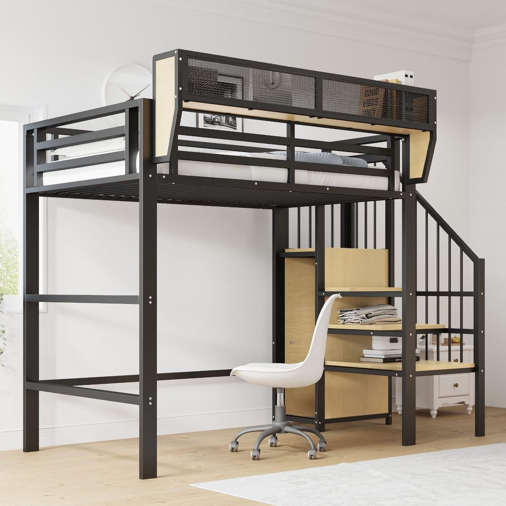 Odikalo Hochbett Kinderbett Metallbett Leiter Fallschutz Staufach 90x200cm Schwarz