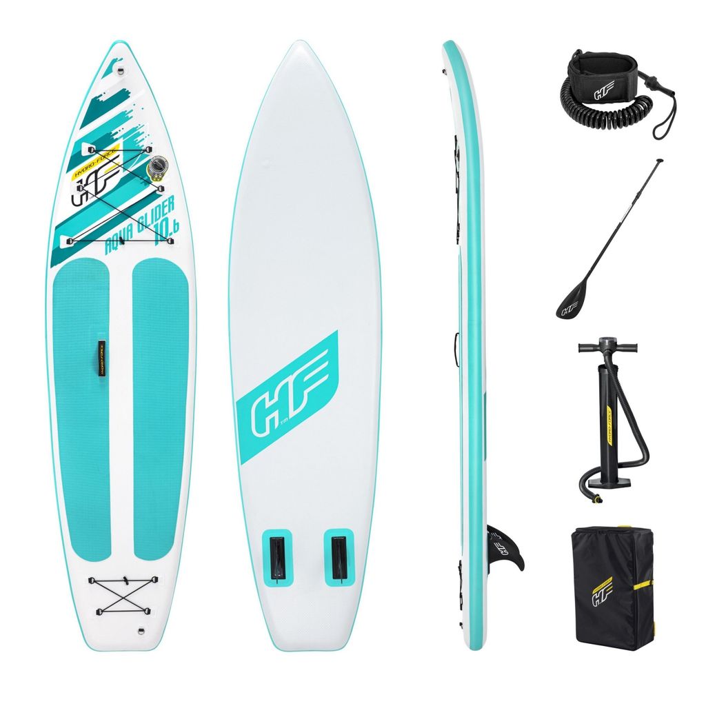 A set of inflatable stand-up paddleboard equipment, including the board, paddle, pump, and leash, displayed against a white background.