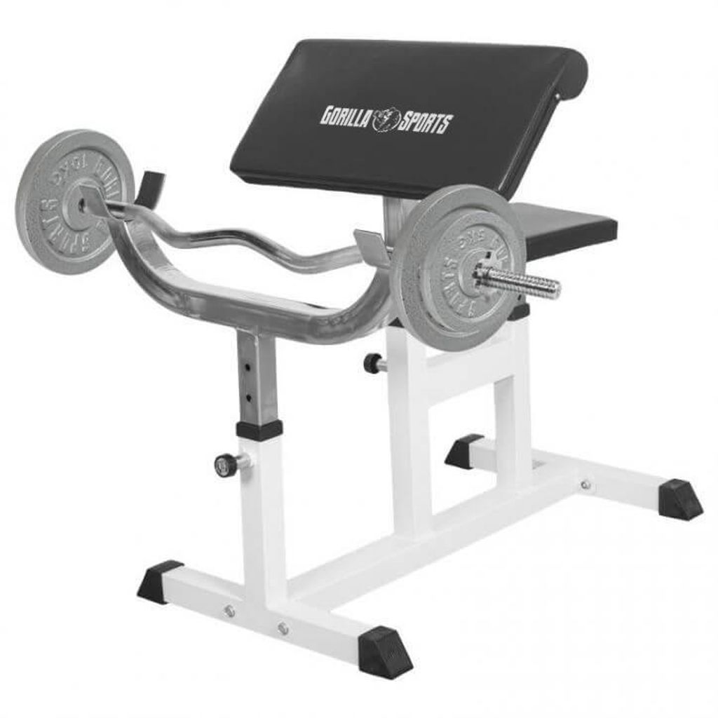 GORILLA SPORTS Curlbank - mit Curlstange 120cm, Gusseisen Hantelscheiben, bis 200kg, Sitz, Curlpult, Ablage 5-Fach verstellbar, Rutschfesten Fü...