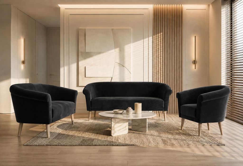 Sofa Set 3+2+1 Espero III Samt Velours Schwarz (Riviera 100) – Polstergarnitur mit 3-Sitzer Sofa, 2-Sitzer Sofa und Sessel