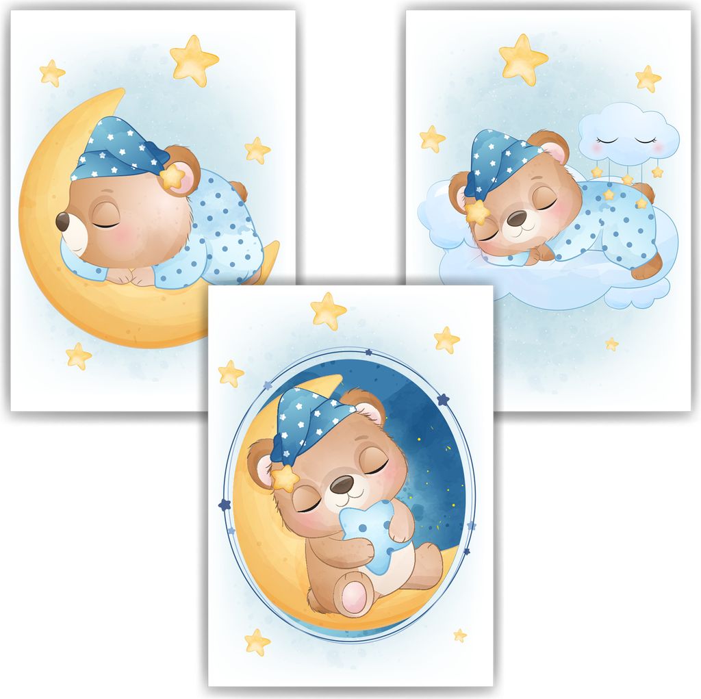 3er Set Poster für Kinderzimmer Bilder Babyzimmer Babyparty Kinderposter Bär Blau – DIN A3 (29.7x42cm)