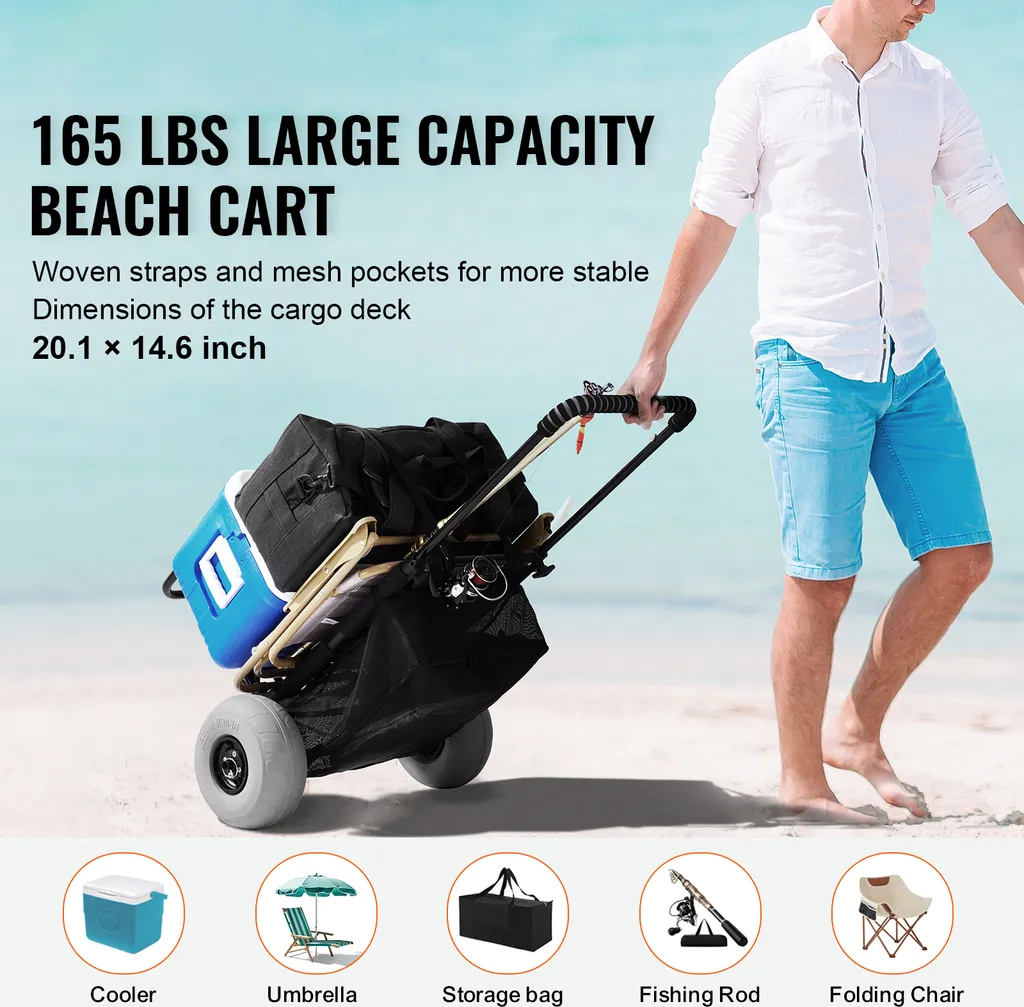 Chariot de plage pliable avec roues ballon et plateforme de transport - 2