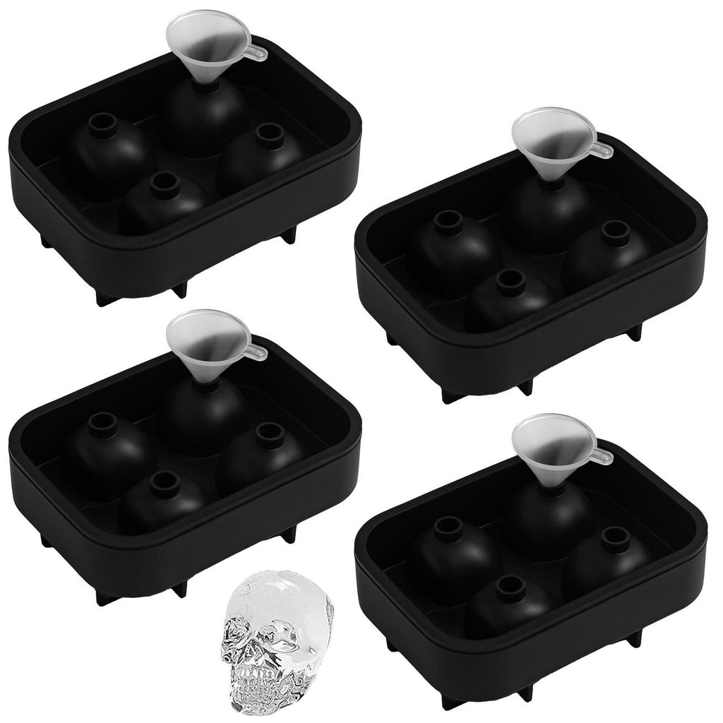 4er Set Silikon Eiswürfelform Totenkopf Eiswürfelbehälter mit Trichter Eiswürfelbereiter Eiswürfel Silikonform